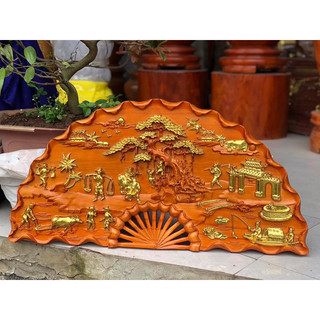 Tranh quạt đồng quê gỗ hương đỏ liền khối dát vàng kt 1m x 50cm