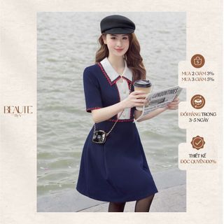 BEAUTEBYV - Váy nữ chiết eo viền ren kim tuyến đỏ Xatin