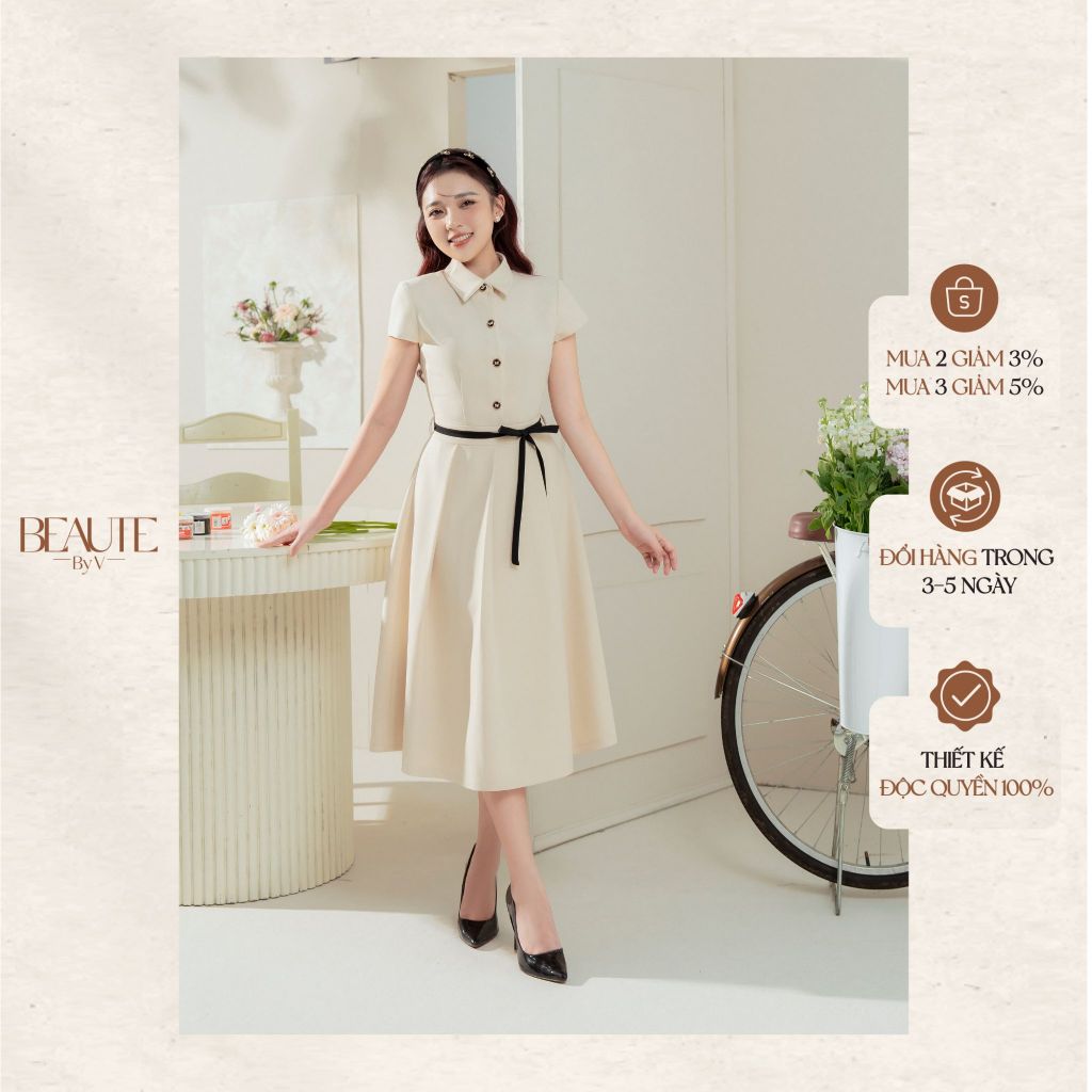 BEAUTEBYV - Váy nữ chiết eo tay chờm Henia (dây đai kèm)