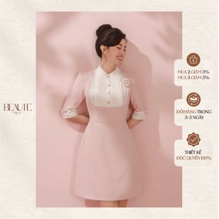 BEAUTEBYV - Váy nữ vải tweed phối xếp trắng Rose (HOA CÀI TẶNG KÈM)
