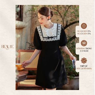 BEAUTEBYV - Váy nữ phối ren chạy ruy băng nổi Seiny