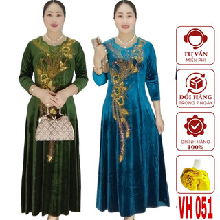 Đầm nhung vh051 trung niên ép đá kết kim sa sang chảnh quý phái phù hợp với tuổi trung niên