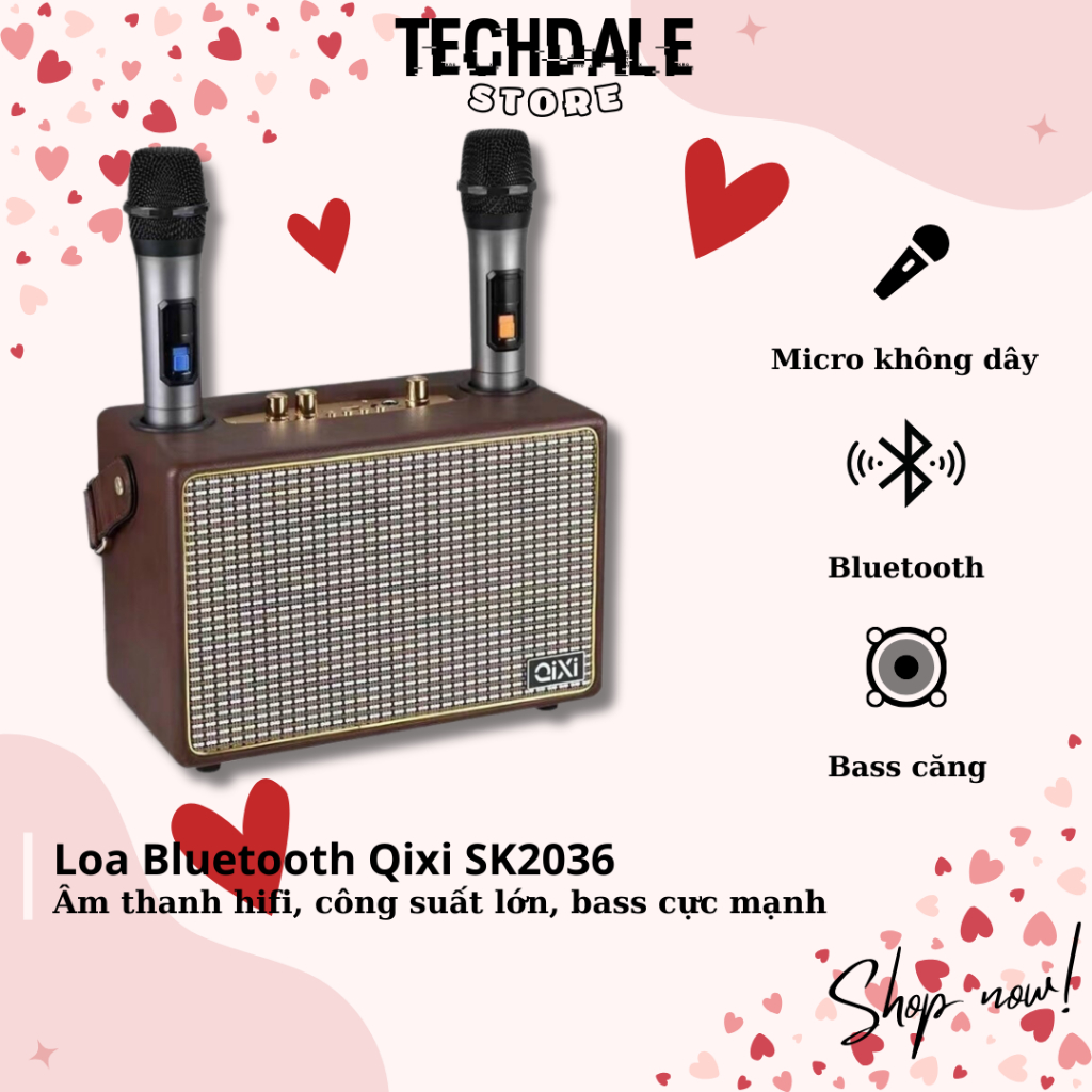 Loa Bluetooth Karaoke SK2036, Kèm 2 Micro Không Dây,  Âm Thanh Siêu Đỉnh, Nghe Nhạc Bass Cực Căng TECHHIGH