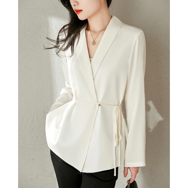 Sơ mi lụa công sở thắt dây eo Ancava