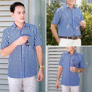 Áo Sơ Mi Trung Niên Nam Ngắn Tay Dáng Suông Vạt Ngang HGH FASHION Họa Tiết Kẻ Caro Màu Xanh Đậm Vải Cotton Cao Cấp