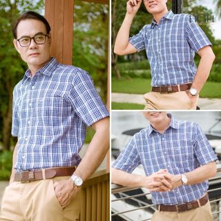 Áo Sơ Mi Trung Niên Nam Ngắn Tay Dáng Suông Vạt Ngang HGH FASHION Họa Tiết Kẻ Caro Màu Xanh Đậm Trắng Vải Cotton Cao Cấp