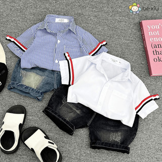  Bộ SƠ MI PHỐI VIÊN 3 màu cực kỳ lịch sự, sang chảnh gồm quần jean và áo sơ mi bao đẹp cho bé trai từ 8-28kg
