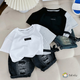  Bộ PHỐI SỌC TRƠN kèm dây đai cực gầu gồm short jean và áo thun phối vải cotton và vải sơ mi Kate cho bé 8-28Kg.