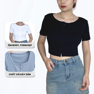 Áo Croptop Nữ Cộc Tay Cổ Tròn Khoá Cúc Madela Phong Cách Hàn Quốc, Áo Thun Croptop Body Tay Ngắn Nữ Co Giãn
