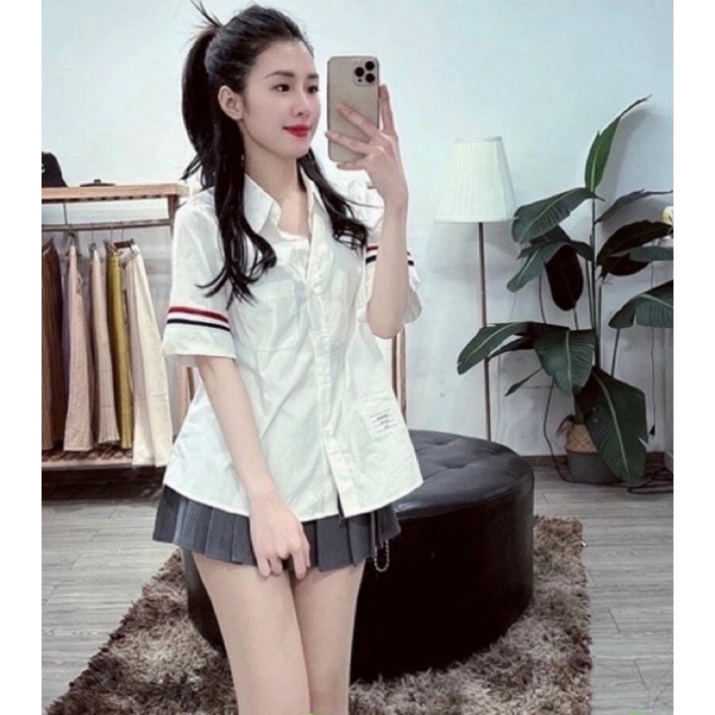 Áo sơ mi nam nữ hoạ tiết kẻ sọc 2 tay xanh đỏ nổi bật thời trang hàn quốc