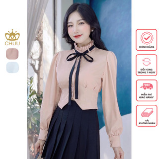 Áo sơ mi nữ cổ li kiểu croptop kèm dây đen chuu a1547