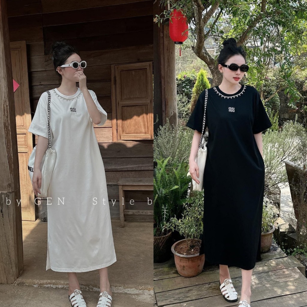 Đâm váy nữ cổ tròn đính đá ngắn tay in chữ MiuMiu 2 bên phối túi from suông xẻ tà phù hợp cho nàng đi làm hoặc đi chơi