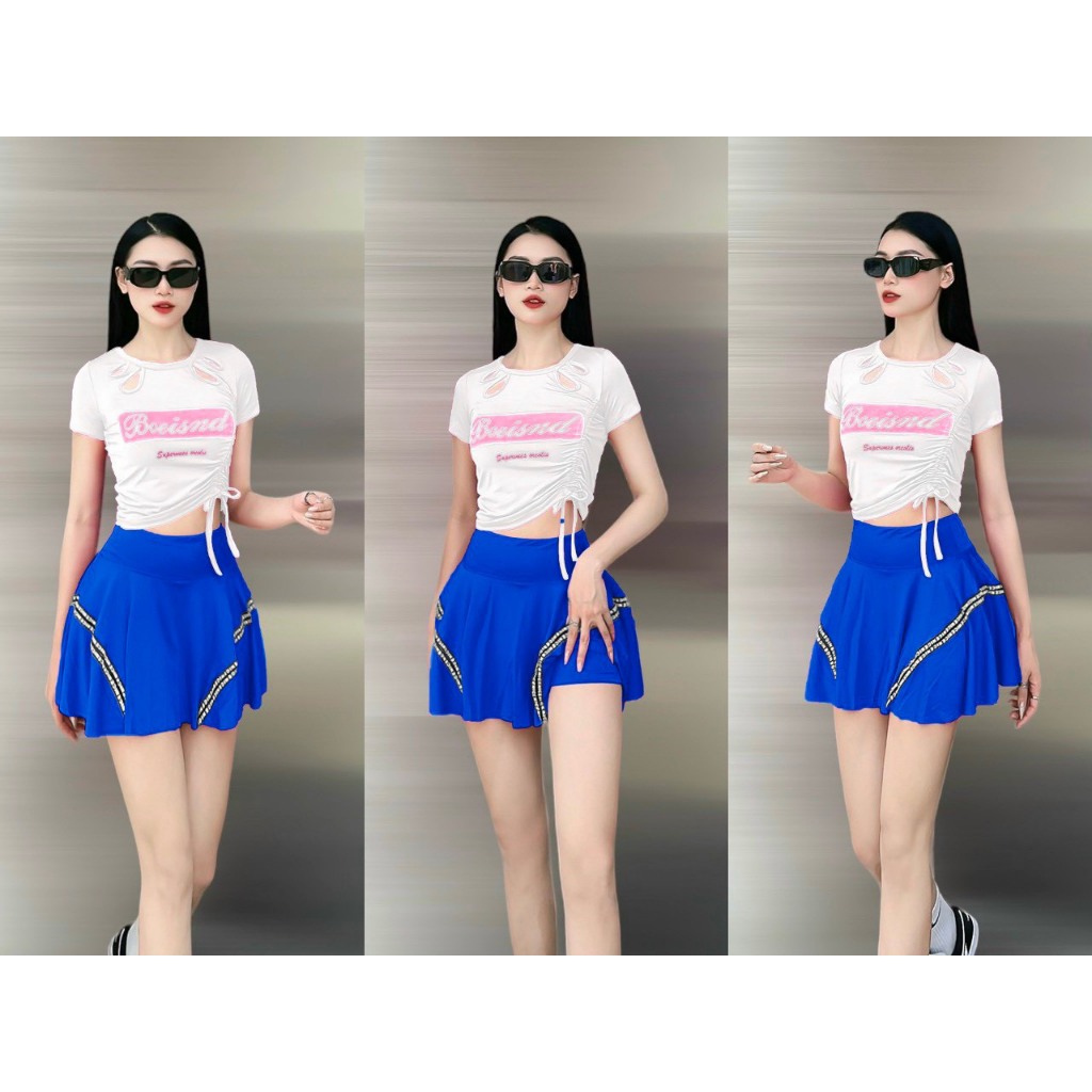 Set Bộ mix áo rút eo váy 1 tầng tập thể thao, tập gym, tập nhảy zumba, tập yoga, đồng phục hội nhóm nữ