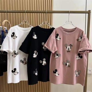Áo Thun Chuột Mickey Tai Đính Đá Kim Cương Tai Thỏ Chất Cotton Cao Cấp