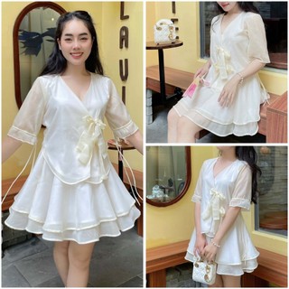 Đầm nữ vierlin dáng ngắn tơ ánh kim vải voan thiết kế 2 nơ hoa cài - váy tiểu thư xoè cổ chữ v dự tiệc