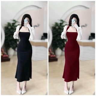 Sét đầm body dáng dài tôn dáng dây quàng cổ mix khoác tay dài thiết kế thời thượng thích hợp cho nàng đi chơi đi tiệc
