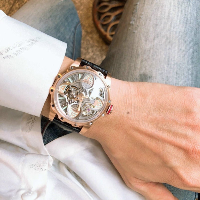 Đồng hồ nam Hanboro Huboler automatic dây da đen silver 42mm chính hãng