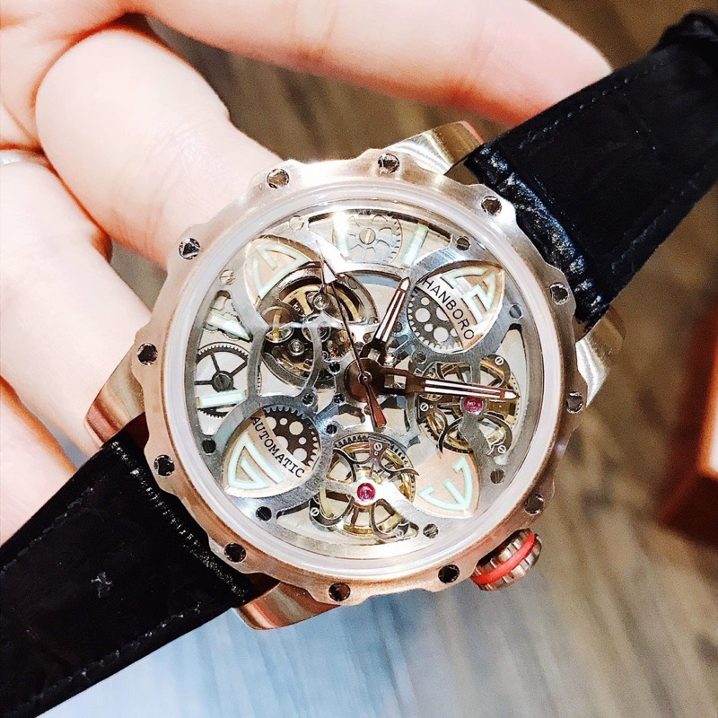 Đồng hồ nam Hanboro Huboler automatic dây da đen silver 42mm chính hãng