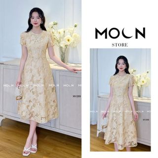 Váy dài nữ liền thân cổ tròn bo viền Moon chất tơ ren vân hoa mềm, đầm xòe thiết kế thắt eo dáng dài sang chảnh MV269