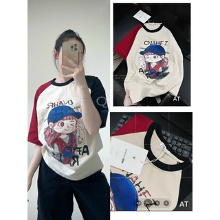 Áo thun tay lỡ unisex form rộng cổ tròn in họa tiết cô bé, áo phông phối màu chất liệu cotton thoáng mát