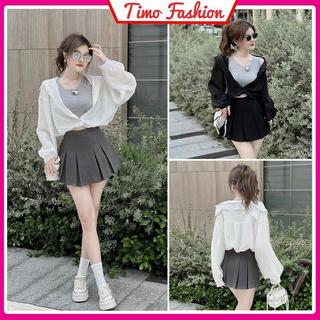 Set áo croptop nữ, Áo sơ mi phối áo 3 lỗ thời trang nữ mùa hè, mặc đi biển đi chơi, phong cách Hàn Quốc AOT581
