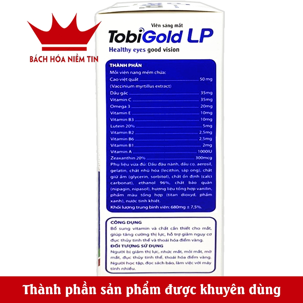 Viên uống Sáng Mắt TOBI GOLD LP - tăng cường thị lực, giảm nguy cơ đục thủy tinh thể thoái hóa điểm vàng - Hộp 60 viên