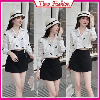 Áo sơ mi dài tay nữ, Áo sơ mi croptop dài tay phối nơ, phong cách tiểu thư, sang chảnh, basic dễ phối đồ,  AOT582