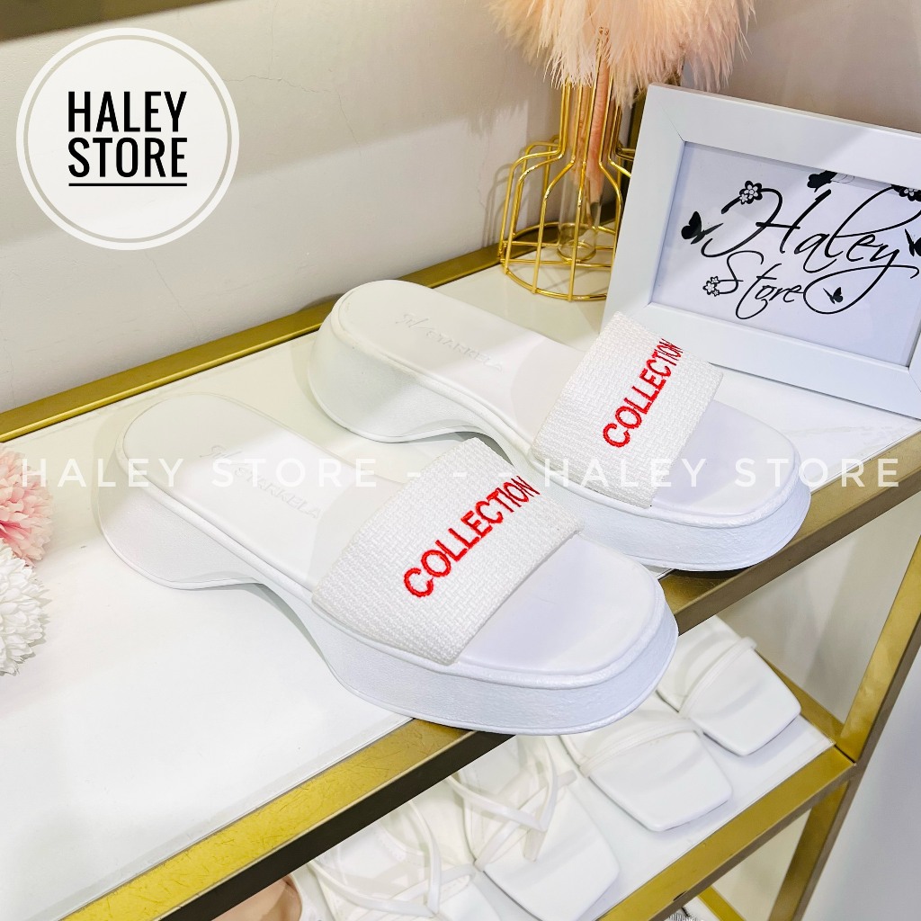 Dép bánh mì COLLEC chữ thêu đế xuồng HALEY STORE quai ngang nhẹ êm chân trẻ trung năng động đi chơi 