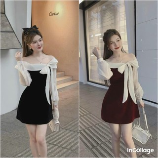 Đầm nhung phối voan tơ tay dài trễ vai cột nơ xinh xắn dễ thương