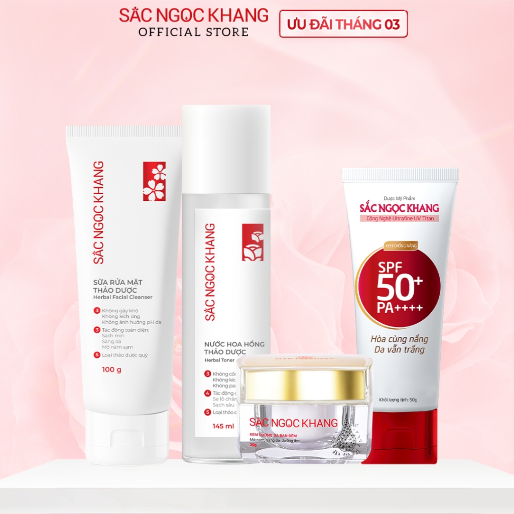 Combo dưỡng sâu & bảo vệ da Sắc Ngọc Khang 4 món [ Kem 30g + Kem chống nắng + Nước hoa hồng + Sữa rửa mặt 100g]