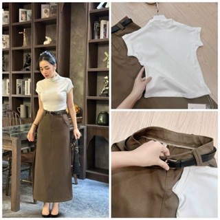   162  Set 3 món áo thun trắng cotton tay hến chân váy dài nâu phom ôm kèm thắt lưng thanh lịch hàng QC loại 1 ảnh thật 