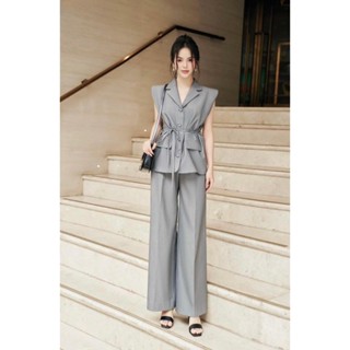 Set áo sát nách độn vai buộc eo quần xuông công sở đi làm phối khuy bọc màu ghi đen hàng thiết kế loại 1 chất mềm