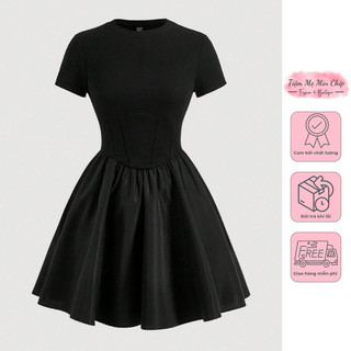 Váy xoè cộc tay thun tăm bụng pha corset - 4 màu (Hàng hãng)