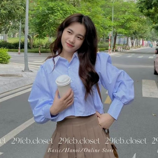 Áo sơ mi kẻ xanh dáng croptop dài tay - 247store.vn - Sm86112_xanhfreesize_P1K4