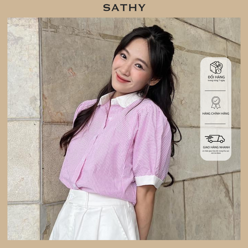 Áo sơ mi sọc ngắn tay SATHY nữ tay phồng trẻ trung, dáng form vừa người, vải kate sọc cao cấp - COCOSHIRT SM010