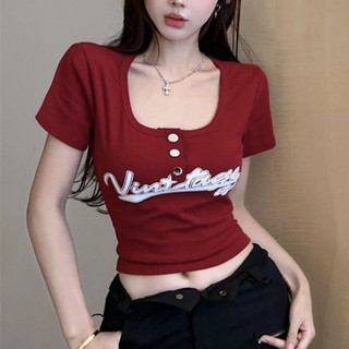 Áo thun nữ ngắn tay cổ vuông gài nút bấm gợi cảm TN_FUNNY, áo kiểu nữ in chữ ôm body siêu hack dáng-A179