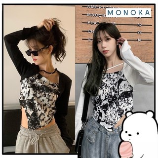 Áo yếm dài tay croptop phối dây cut out Áo kiểu nữ có dây choker cổ vuông dáng ôm body Áo thun phông T44G MONOKA SHOP