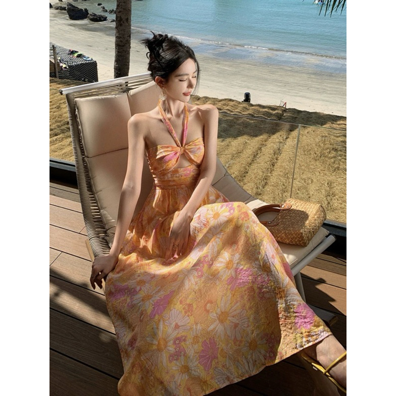 Váy Maxi Buộc Yếm Lưng Thun Hoa Sang Trọng