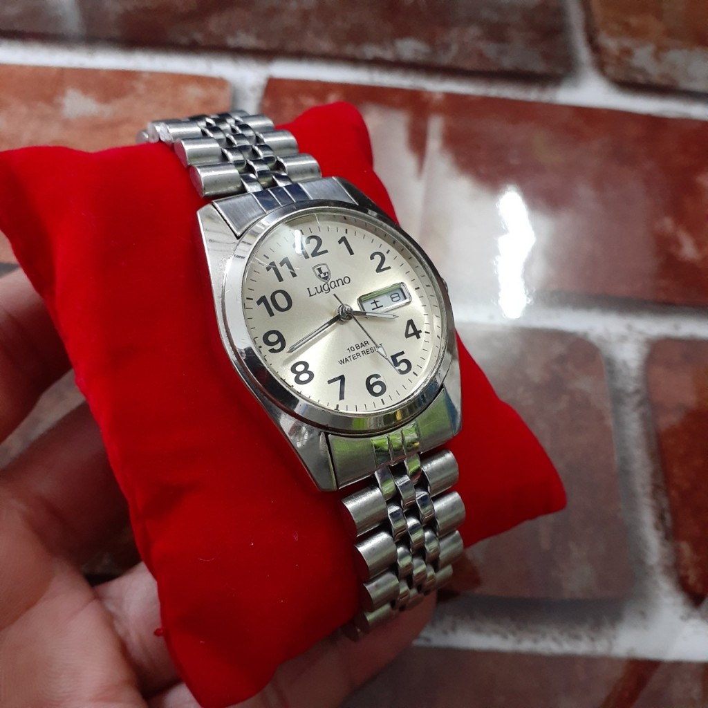 Đồng hồ nam size 36mm Lugano số to rõ có lịch second hand Japan