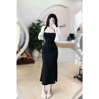 Đầm body đuôi cá cổ yếm dài kèm khoác trắng siêu tôn dáng