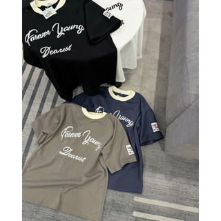 Áo Thun Unisex Viền Cổ Gân Thêu Chữ Forever Young Phong Cách Hàn Quốc Tối Giản - Ảnh Shop Tự Chụp
