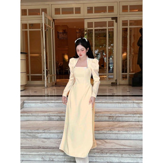 Áo dài cách tân cổ vuông vai bồng dài tay chất vải Linen