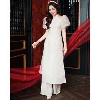 Áo dài nữ Twentyfive cổ yếm đứng tay bồng ngắn vải tafta gấm thêu hoa sang trọng DH12 (không kèm quần dài)