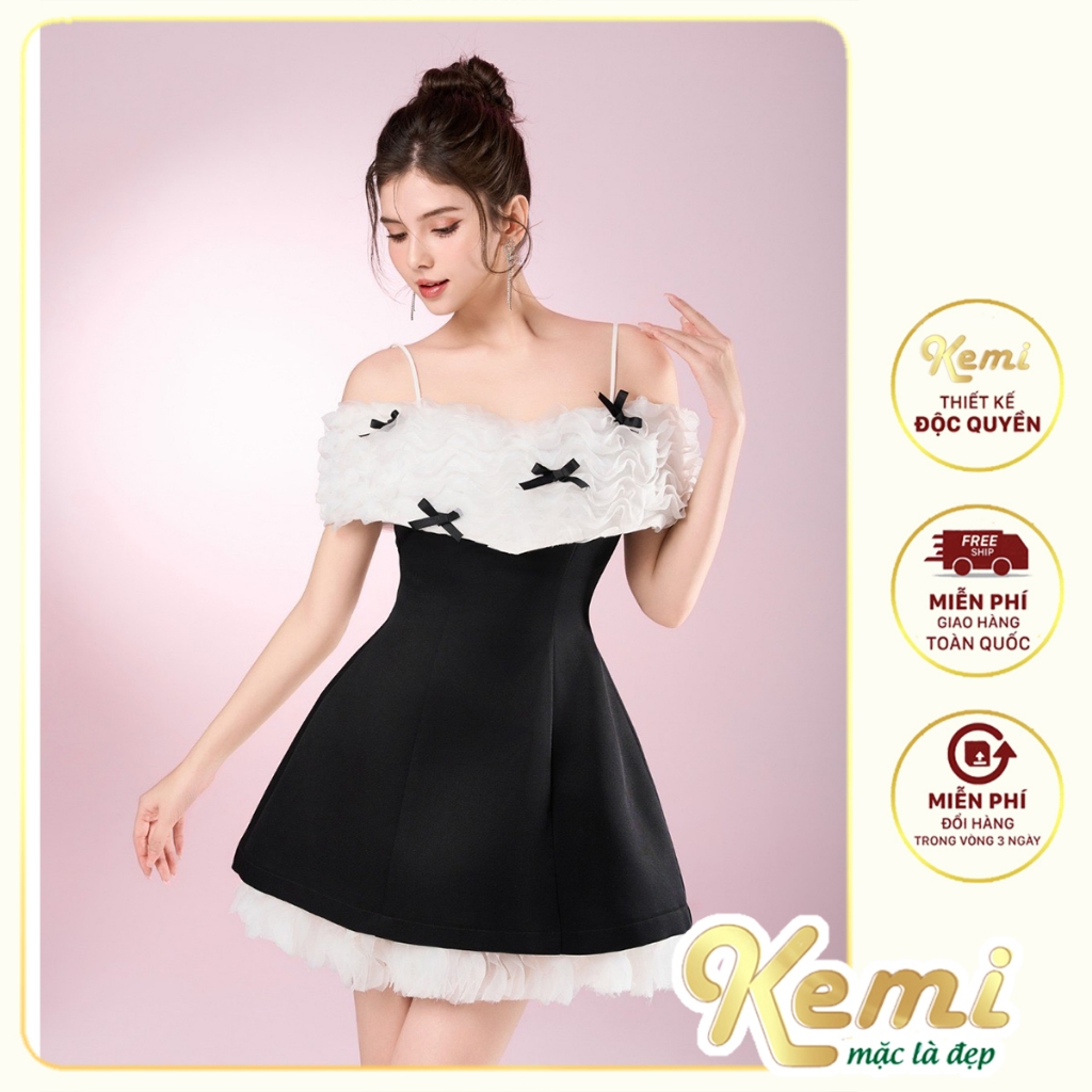 Váy trễ vai bèo ren sóng phối nơ xòe dáng A kê viền chân váy Kemi chất vải Tafta giữ form tốt mặc đi tiệc, sinh nhật
