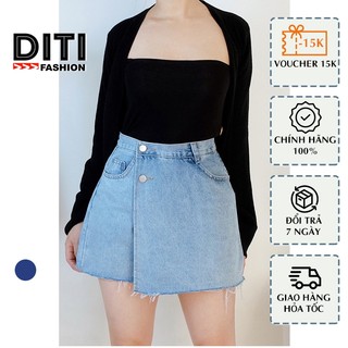 Quần giả váy Diti chữ A dáng ngắn lưng cao Ống rộng Gen bụng vải Jeans Denim 2 tà trước sau thời trang