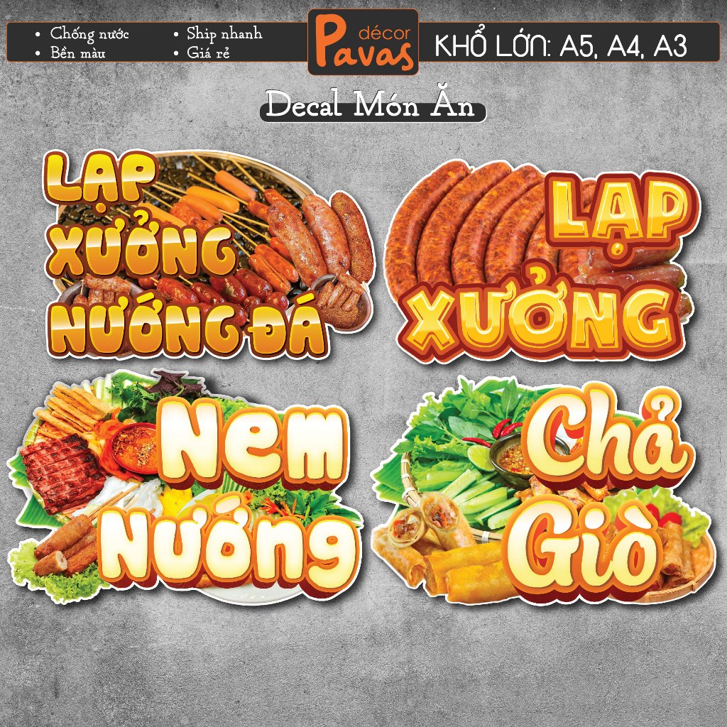 Decal Lạp Xưởng Nướng Đá , Chả Giò, Nem Nướng chống nước trang trí dán quán trà sữa, cà phê, quán ăn