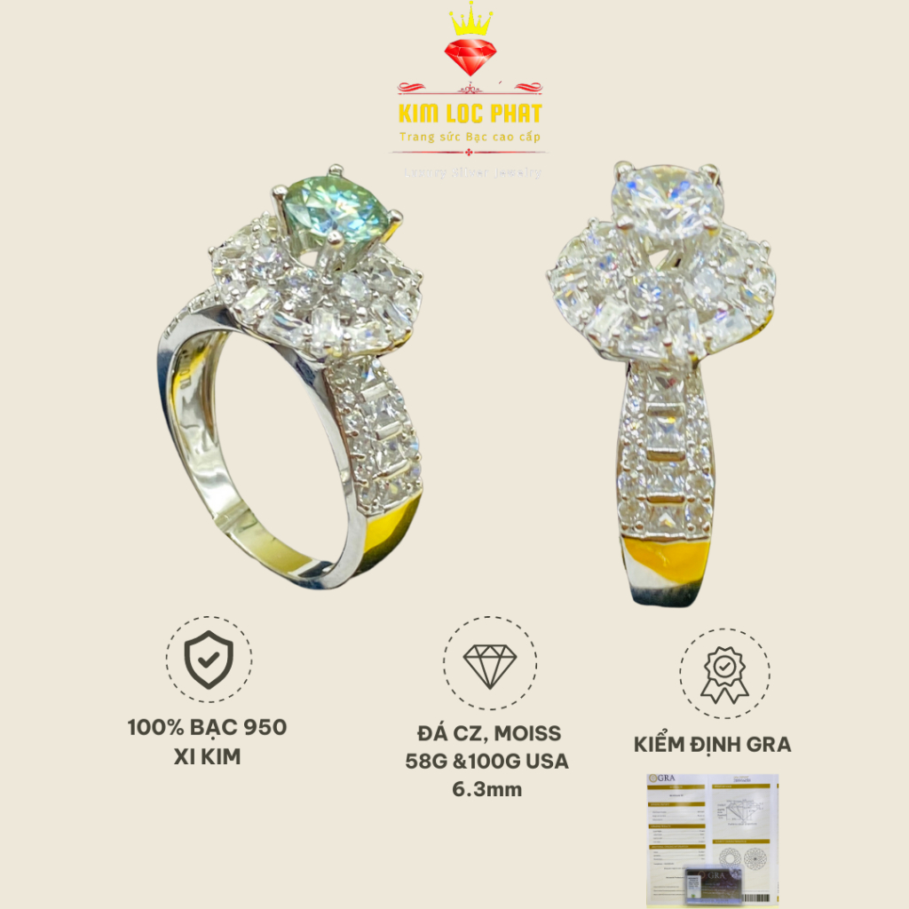 Nhẫn bạc nữ xi bạch kim kiểu tròn baget 6li, Nhẫn moissanite màu xanh, kim cương nhân tạo, Đá Moissanite màu trắng