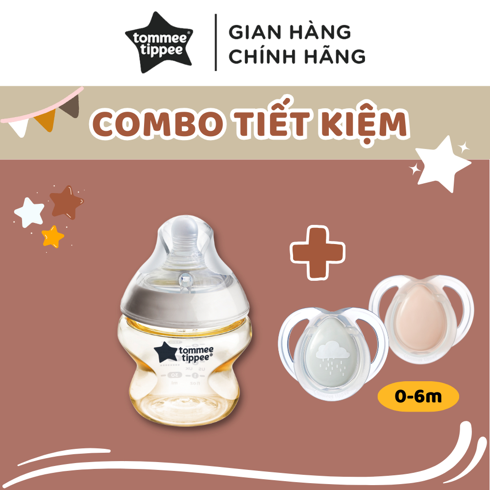 COMBO Ty Ngậm Dạ Quang Tommee Tippee Night Time 0-6m & Bình Sữa PPSU Ty Siêu Mềm Tommee Tippee Natural Start 150ml