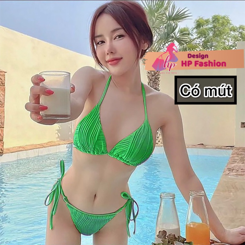 Bộ bikini 2 mảnh tam giác cột yếm hở lưng có mút, set đồ bơi đi biển màu đen áo tắm tôn dáng sang chảnh sexy G711 | BigBuy360 - bigbuy360.vn