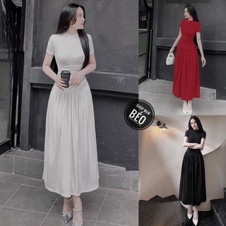 Đầm cổ tròn tay ngắn nhún phom dài dáng xoè chất thun co giãn thích hợp mặc đi tiệc đi làm đi chơi